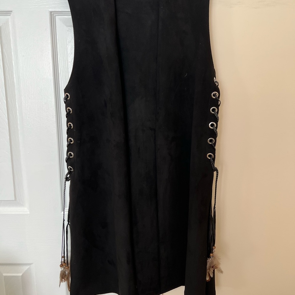 Zara black suede tie side vest with feathers US size S fall winter